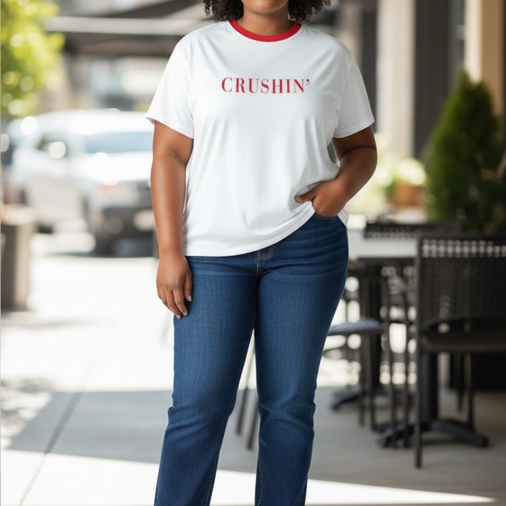 H&M White Tee with Red Accents size Large CRUSHIN’ in front of